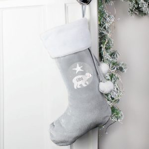 Personalised Baby Polar Bear Children's Silver Xmas Stocking