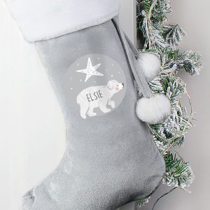 Personalised Baby Polar Bear Children's Silver Xmas Stocking