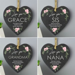 Personalised Abstract Rose Printed Slate Heart Decoration
