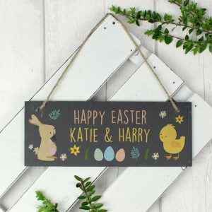 Kid's Personalised Easter Bunny & Chick Slate Door Plaque