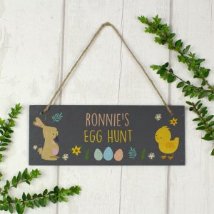 Kid's Personalised Easter Bunny & Chick Slate Door Plaque