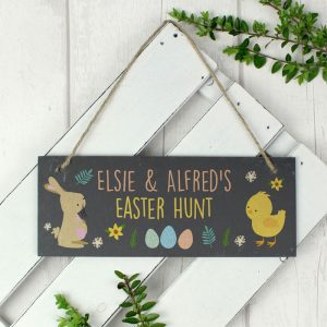 Kid's Personalised Easter Bunny & Chick Slate Door Plaque