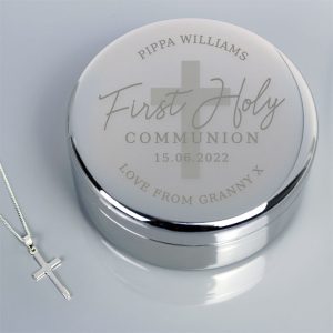 Personalised First Holy Communion Round Trinket Box & Cross