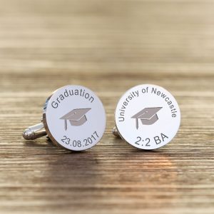 Personalised Round Silver Finish Graduation Cap Cufflinks