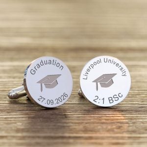 Personalised Round Silver Finish Graduation Cap Cufflinks