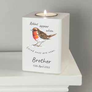 Personalised Robin Memorial Christmas Wooden Tealight Holder