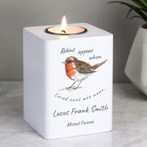 Personalised Robin Memorial Christmas Wooden Tealight Holder