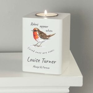 Personalised Robin Memorial Christmas Wooden Tealight Holder