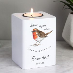 Personalised Robin Memorial Christmas Wooden Tealight Holder