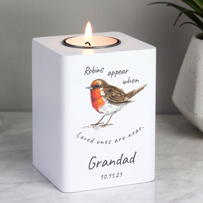 Personalised Robin Memorial Christmas Wooden Tealight Holder