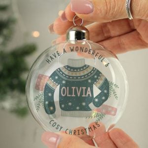 Personalised Cosy Christmas Glass Tree Bauble