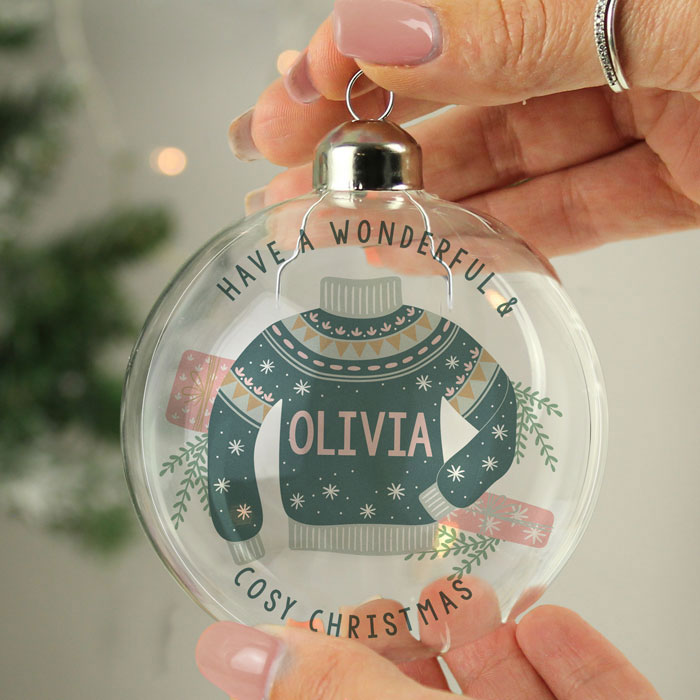 Personalised Cosy Christmas Glass Tree Bauble