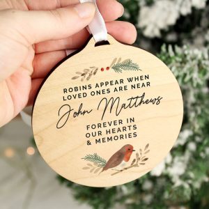 Personalised Robin Memorial Round Wooden Xmas Decoration