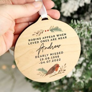 Personalised Robin Memorial Round Wooden Xmas Decoration