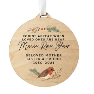 Personalised Robin Memorial Round Wooden Xmas Decoration