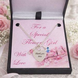 Engraved Flower Girl Necklace Heart Pendant & Pink Crystal