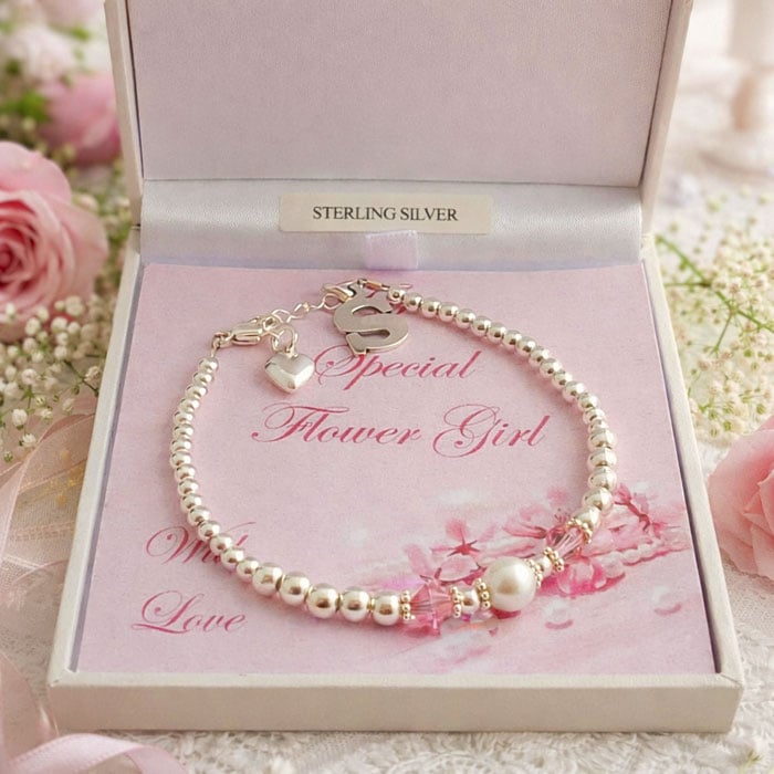 Flower Girl Bridesmaid Birthstone Pearl & Initial Bracelet