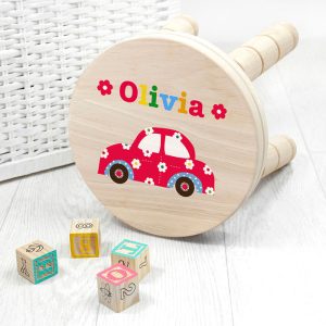 Girl's Personalised Red Car Wooden Stool