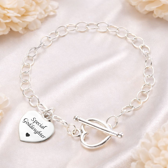Goddaughter Engraved Sterling Silver Heart Charm Bracelet