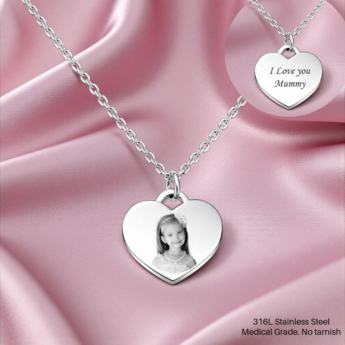 Personalised Photo Engraved Stainless Steel Heart Necklace