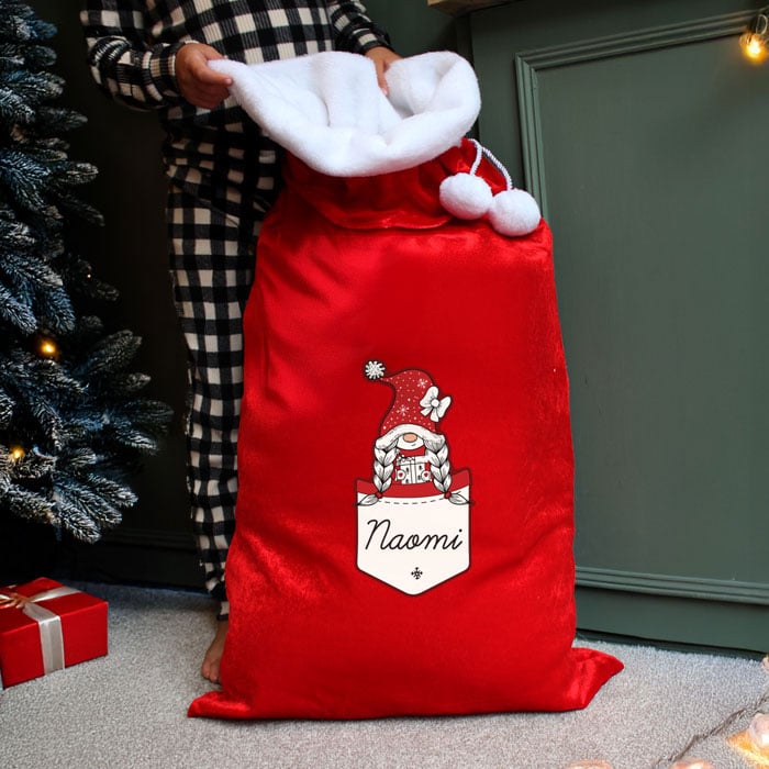 Girl's Personalised Gonk Family Red Christmas Sack