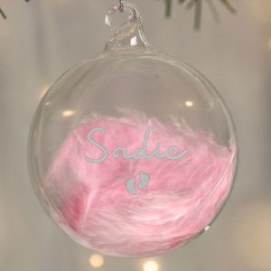 Personalised Pink Feather Silver Footprints Glass Bauble