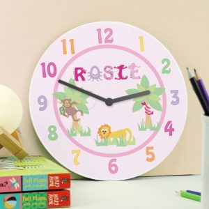 Personalised Pink Animal Alphabet Wooden Wall Clock