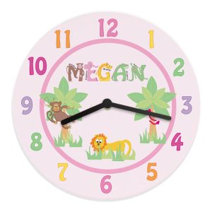 Personalised Pink Animal Alphabet Wooden Wall Clock