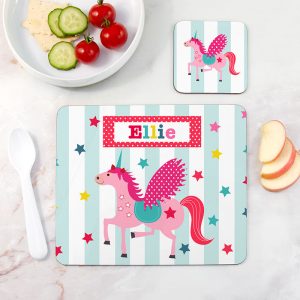 Personalised Girl's Unicorn Placemat & Coaster Set