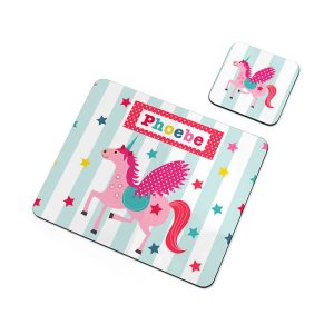Personalised Girl's Unicorn Placemat & Coaster Set