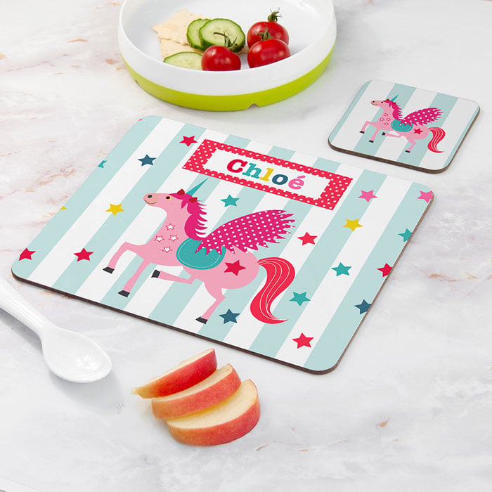Personalised Girl's Unicorn Placemat & Coaster Set