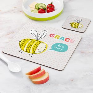 Personalised Kids Bee Happy Placemat & Coaster Set