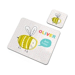Personalised Kids Bee Happy Placemat & Coaster Set