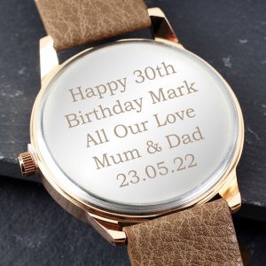 Personalised Mens Rose Gold Tone Watch with Brown Strap
