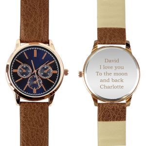Personalised Mens Rose Gold Tone Watch with Brown Strap