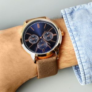 Personalised Mens Rose Gold Tone Watch with Brown Strap
