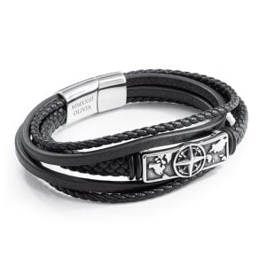 Personalised Men's Travel Compass Stacked Leather Bracelet