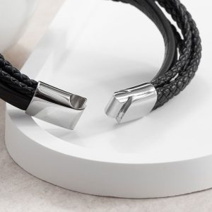 Personalised Men's Travel Compass Stacked Leather Bracelet