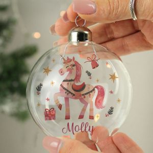 Girl's Personalised Unicorn Glass Christmas Tree Bauble