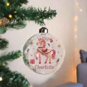 Girl's Personalised Unicorn Glass Christmas Tree Bauble