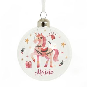 Girl's Personalised Unicorn Glass Christmas Tree Bauble
