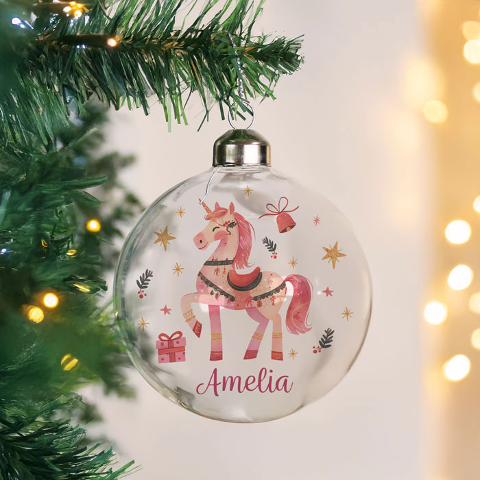 Girl's Personalised Unicorn Glass Christmas Tree Bauble