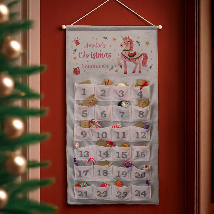 Girl's Personalised Unicorn Fabric Christmas Advent Calendar