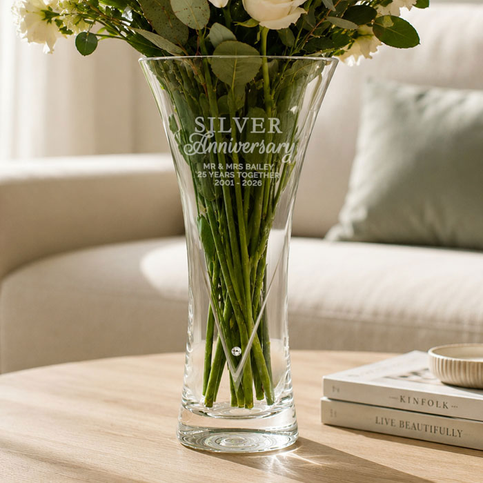 Personalised Silver Anniversary Large Heart Vase & Crystal