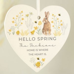 Personalised Spring Bunny Wooden Heart Ornament Decoration