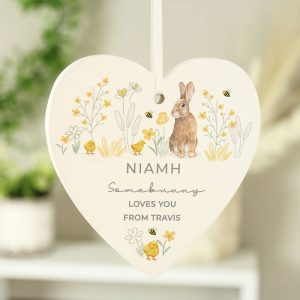 Personalised Spring Bunny Wooden Heart Ornament Decoration