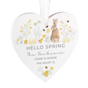 Personalised Spring Bunny Wooden Heart Ornament Decoration