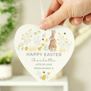 Personalised Spring Bunny Wooden Heart Ornament Decoration