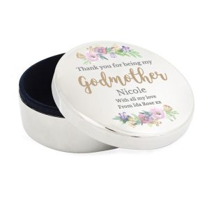 Personalised Godmother Floral Watercolour Round Trinket Box