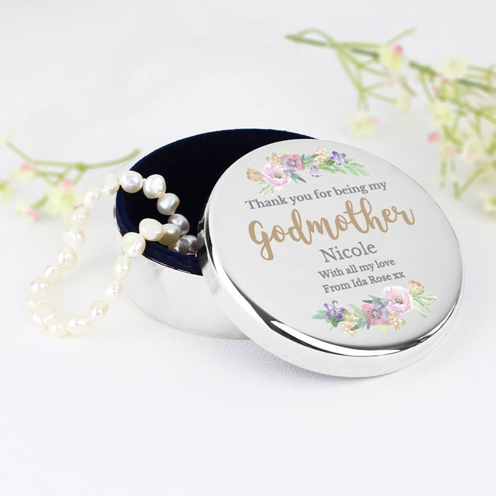 Personalised Godmother Floral Watercolour Round Trinket Box
